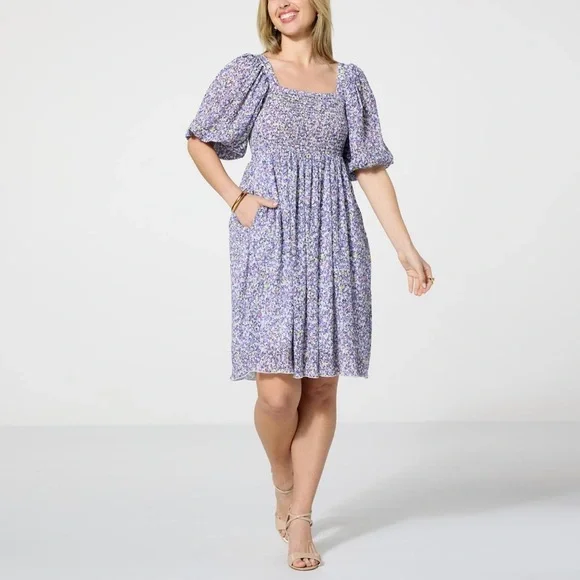 Nina Leonard | Dresses | Nina Leonard Ditsy Floral Smocked Puff Sleeve Dress  Crinkle Knit Xs Cottagecore | Poshmark
